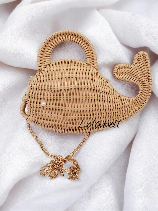Tommy Bahama Handbags - Tommy Bahama Wicker Whale Purse, Chain Strap, in Natural Color, Pearl Eyes